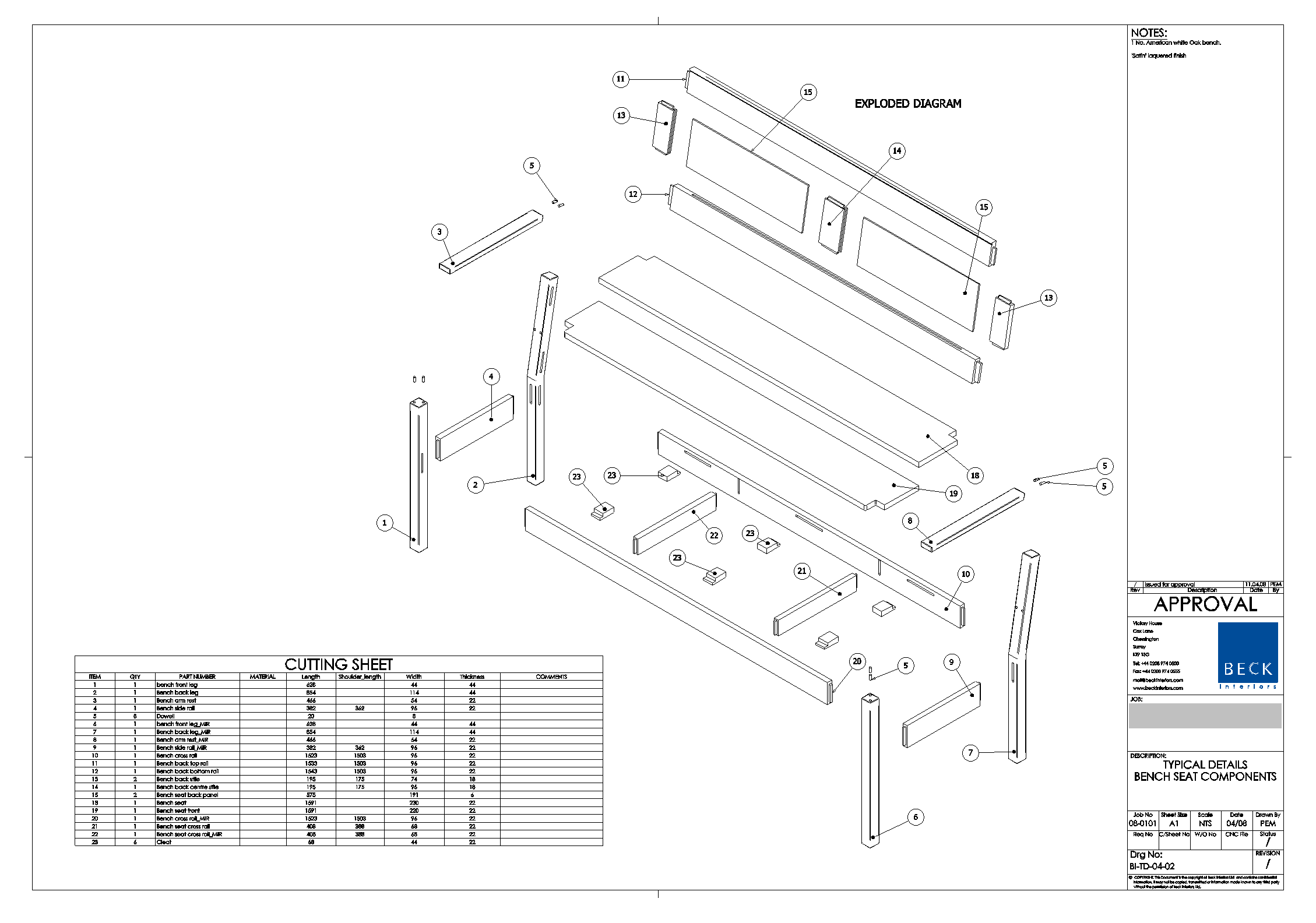 A Setting Out Drawing for a Bench Seat - Exploded diagram and cutting ticket.