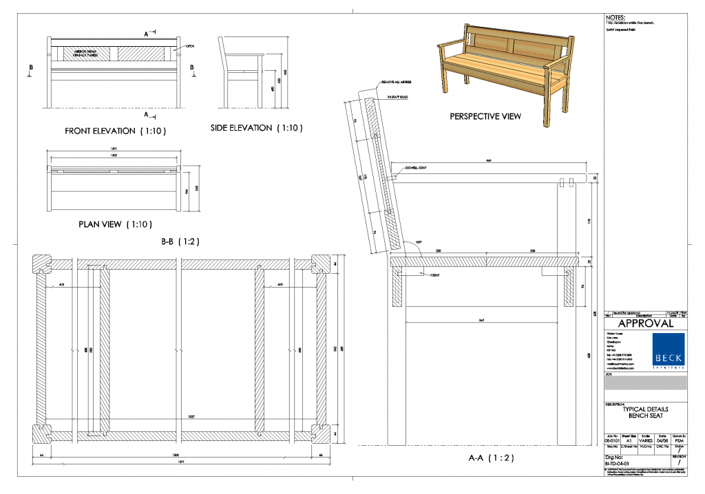 A Setting Out Drawing for a Bench Seat - General Arrangement (GA)