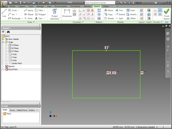 A rectangle in Autodesk Inventor constrained to the centre point