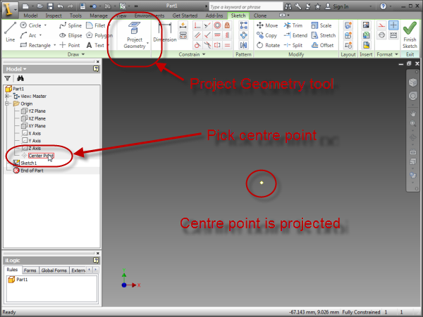 Autodesk Inventor constrain to centre point