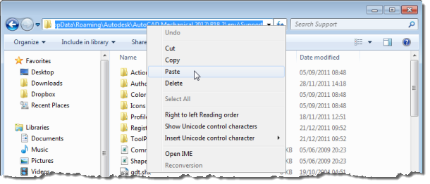 Pasting AutoCAD's default search paths