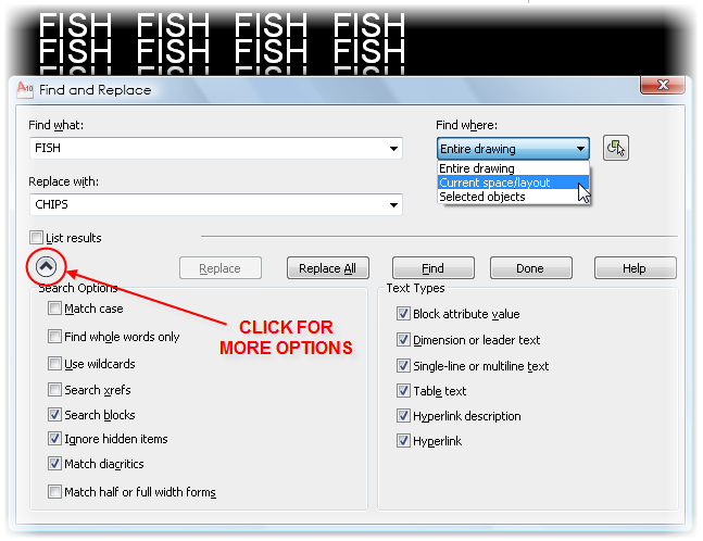 AutoCAD's find and replace Dialogue