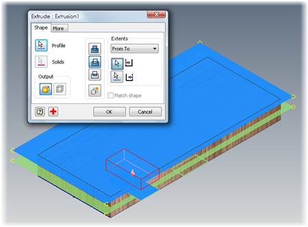 Creating a cut feature in Autodesk Inventor with Extrude from to surfaces