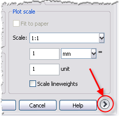 The AutoCAD Plotting Dialogue - More Arrow 