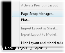 Right click on the current layout Tab to open AutoCAD's Page Setup manager