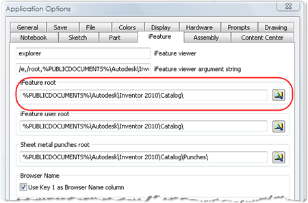 The Autodesk Inventor Application Options Dialogue - iFeatures tab