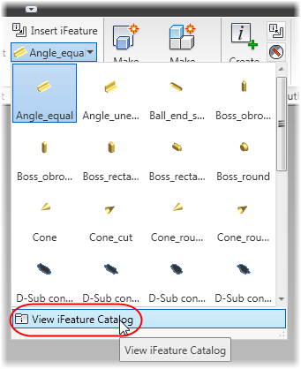 The Autodesk Inventor iFeatures Catalogue pull-down