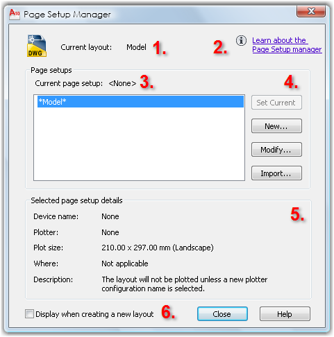 The AutoCAD Page Setup manager Dialogue Box