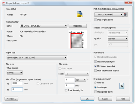 The AutoCAD Page Set Up Dialogue - Very similar to the Plot Dialogue