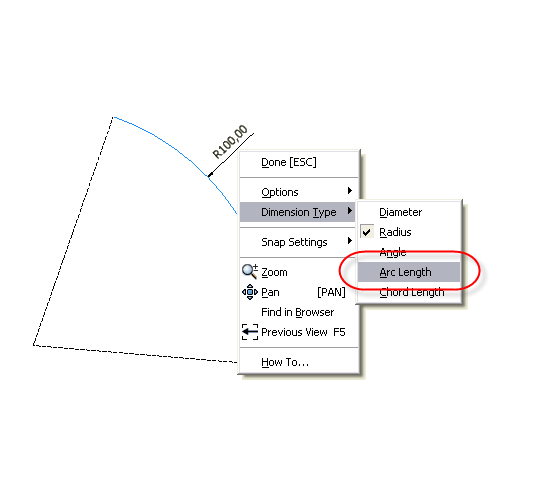 Annotating an arc in an Autodesk Inventor Drawing File