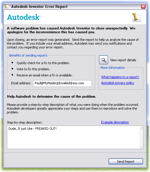 The Autodesk Inventor Error Report