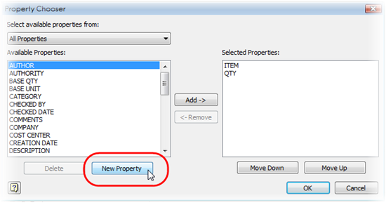 Adding a new property in the Inventor property chooser
