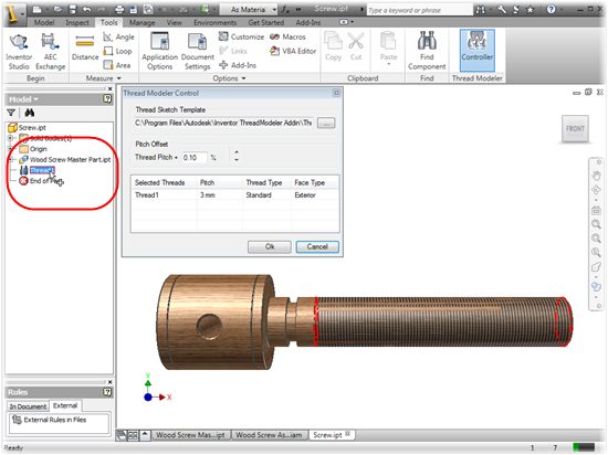 The Autodesk Inventor Thread modeller - Select Thread in Browser