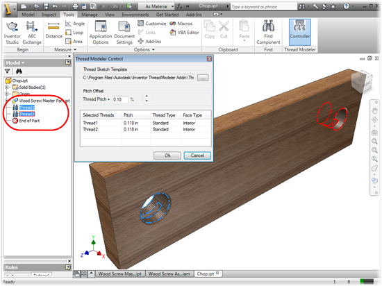 The Autodesk Inventor Thread modeller - Selecting Threads in Browser