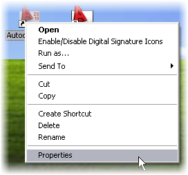 Open AutoCAD short cut Properties