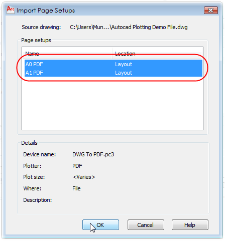 AutoCAD's Import Page Setups Dialogue