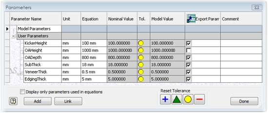 Autodesk Inventor Parameters Dialogue