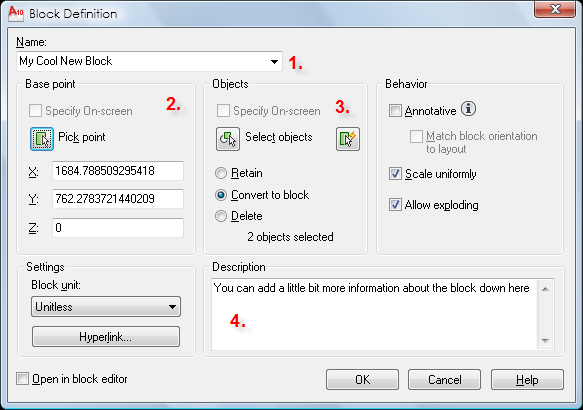 The AutoCAD Block definition Dialogue