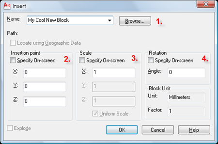 AutoCAD Insert Block Dialogue
