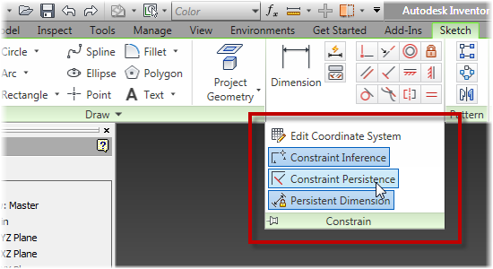 Autodesk Inventor Constrain Panel Sketch tab