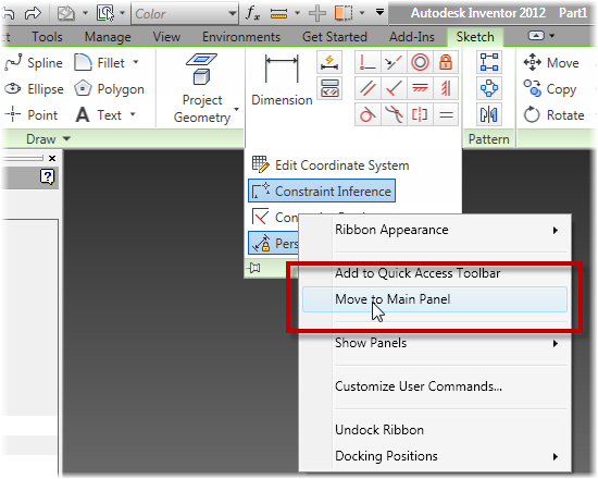 Autodesk Inventor Move to main panel