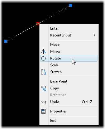 Right click on an AutoCAD grip to show editing options
