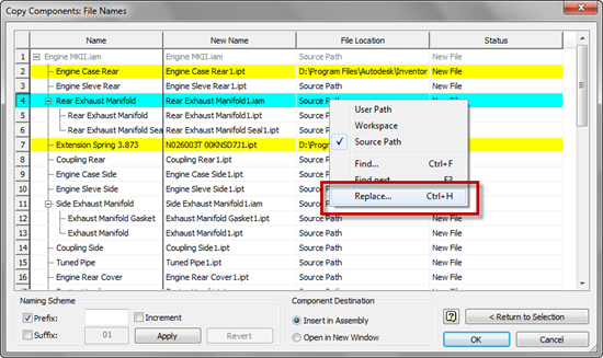 The Autodesk Inventor Copy Components File Names Dialouge