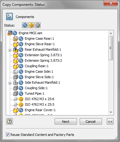 The Autodesk Inventor Copy Components Status Dialouge