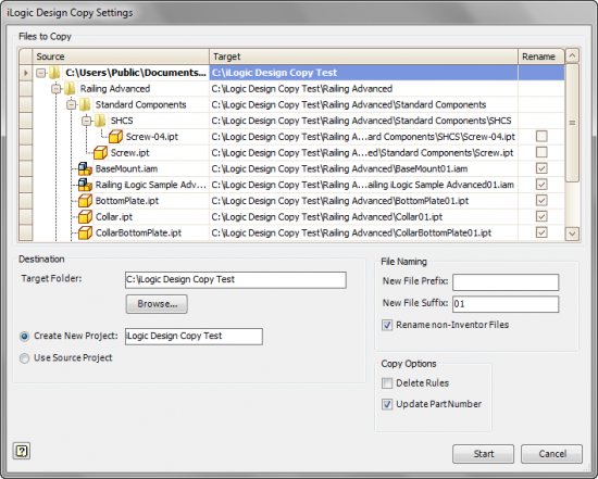 The Autodesk Inventor iLogic Design Copy Settings Dialouge