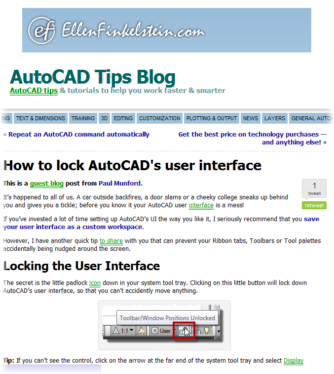 Ellen Finkelstein's CAD Blog - How to lock the AutoCAD UI