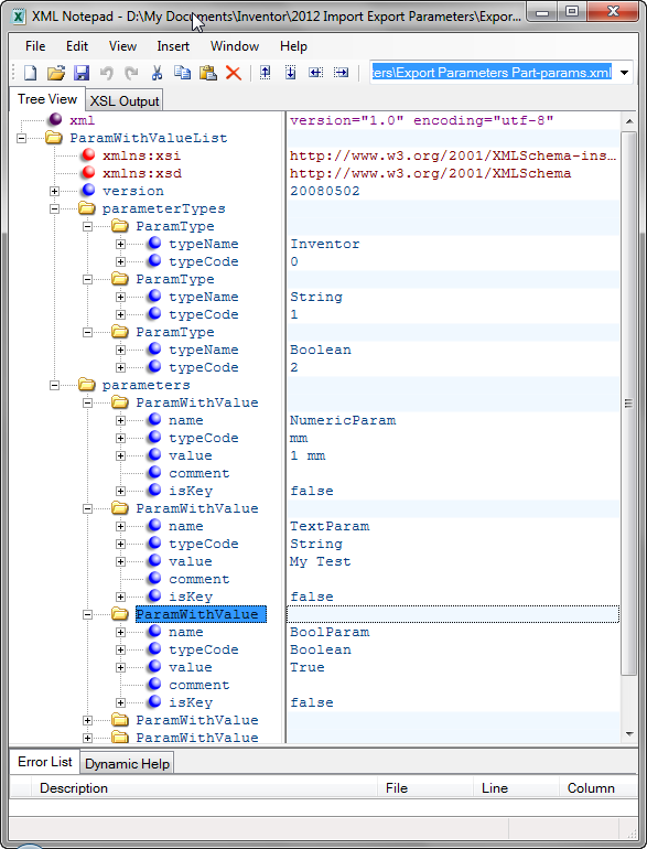 Parameters Exported from Inventor in XML format