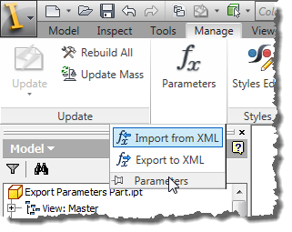 Autodesk Inventor Import and Export Parameters fly out