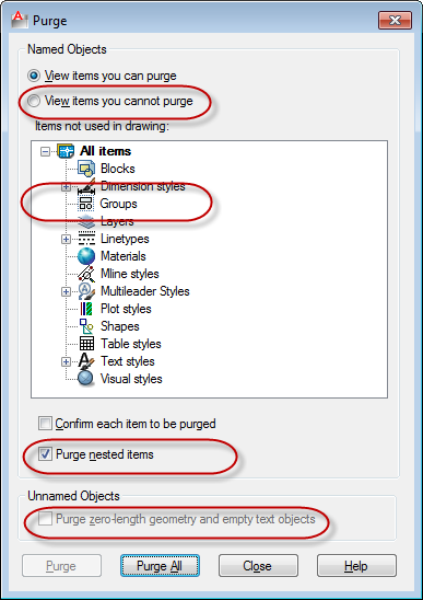 AutoCAD's Purge command dialogue