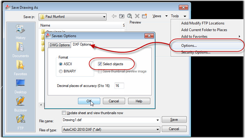 AutoCAD Export DXF options dialogue