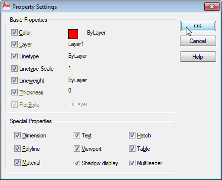 The AutoCAD Matchprop command setting dialogue