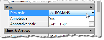 The AutoCAD Properties palette - Drop down list