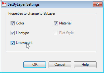 The AutoCAD Setbylayer command settings dialogue