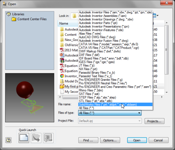 Autodesk Inventor 2013 File open dialogue