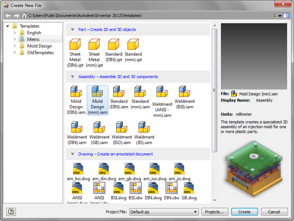 The Autodesk Inventor 2013 Create new file dialogue