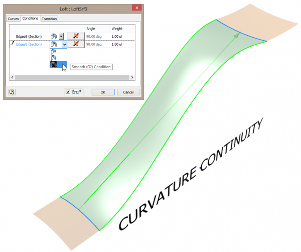 Autodesk Inventor sweep dialog with surface continuity options