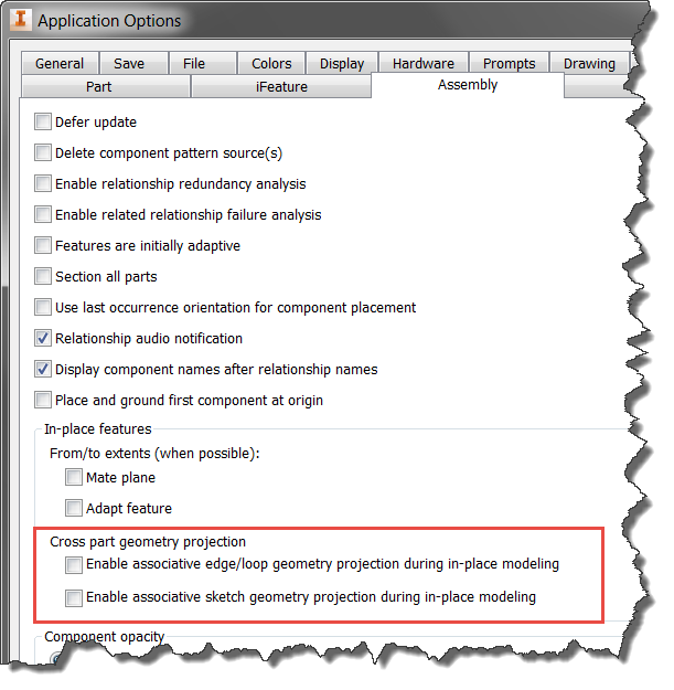 Autodesk Inventor cross part association settings