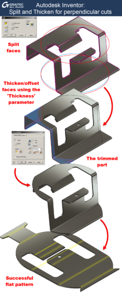 Graitec Autodesk Inventor Split and thicken for perpendicular cuts