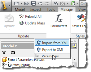 Autodesk Inventor Import and Export Parameters fly out