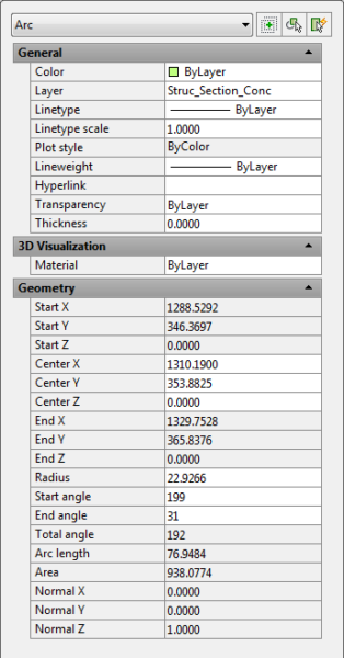 The AutoCAD Properties palette - Arc properties